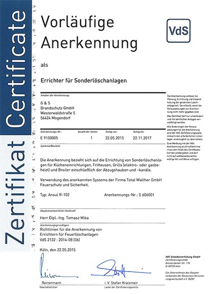 VdS Zertifikat Errichter Küchenloeschanlagen